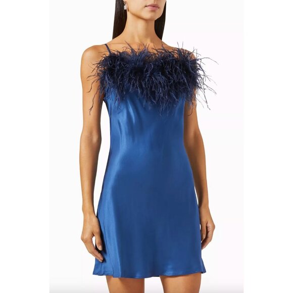 Sleeper Boheme Mini Slip Dress with Feathers Navy Womens Size Medium - Picture 13 of 13